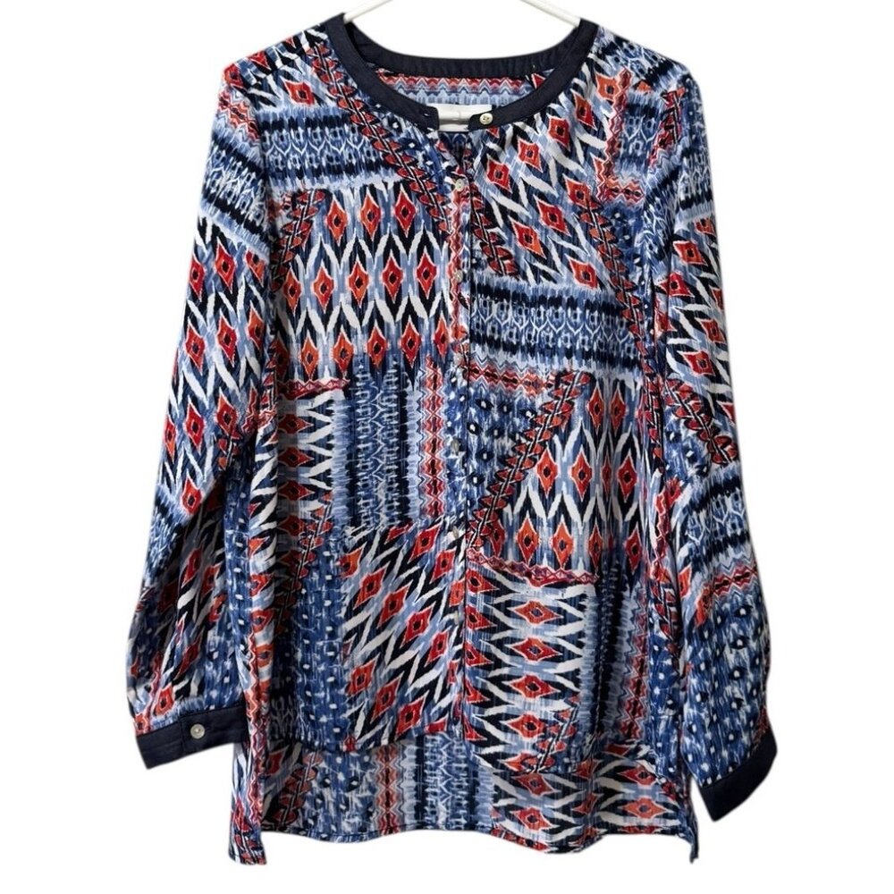 Alfred Dunner Women Size 12 Tunic Top Shirt Button Down Polyester Long Sleeve